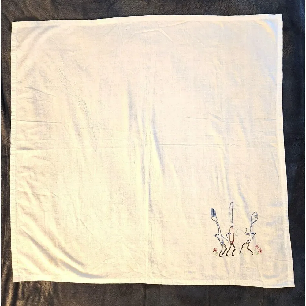 Embroidered Tablecloth Knife Spoon Fork Anthropomorphic Square 34x33in Whimsical